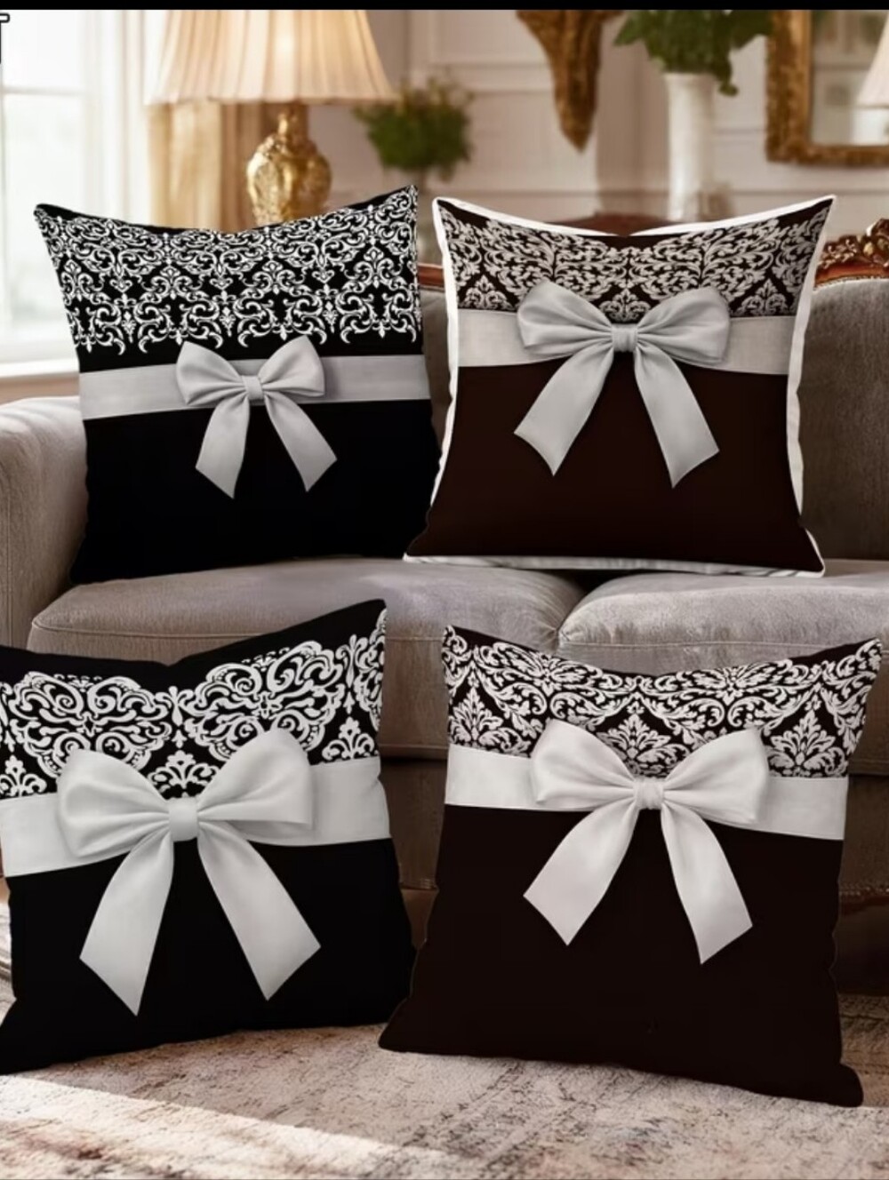 4 Piece Black & White Bow Accent Pillows. 18" X 18" Width. No Inserts Included.